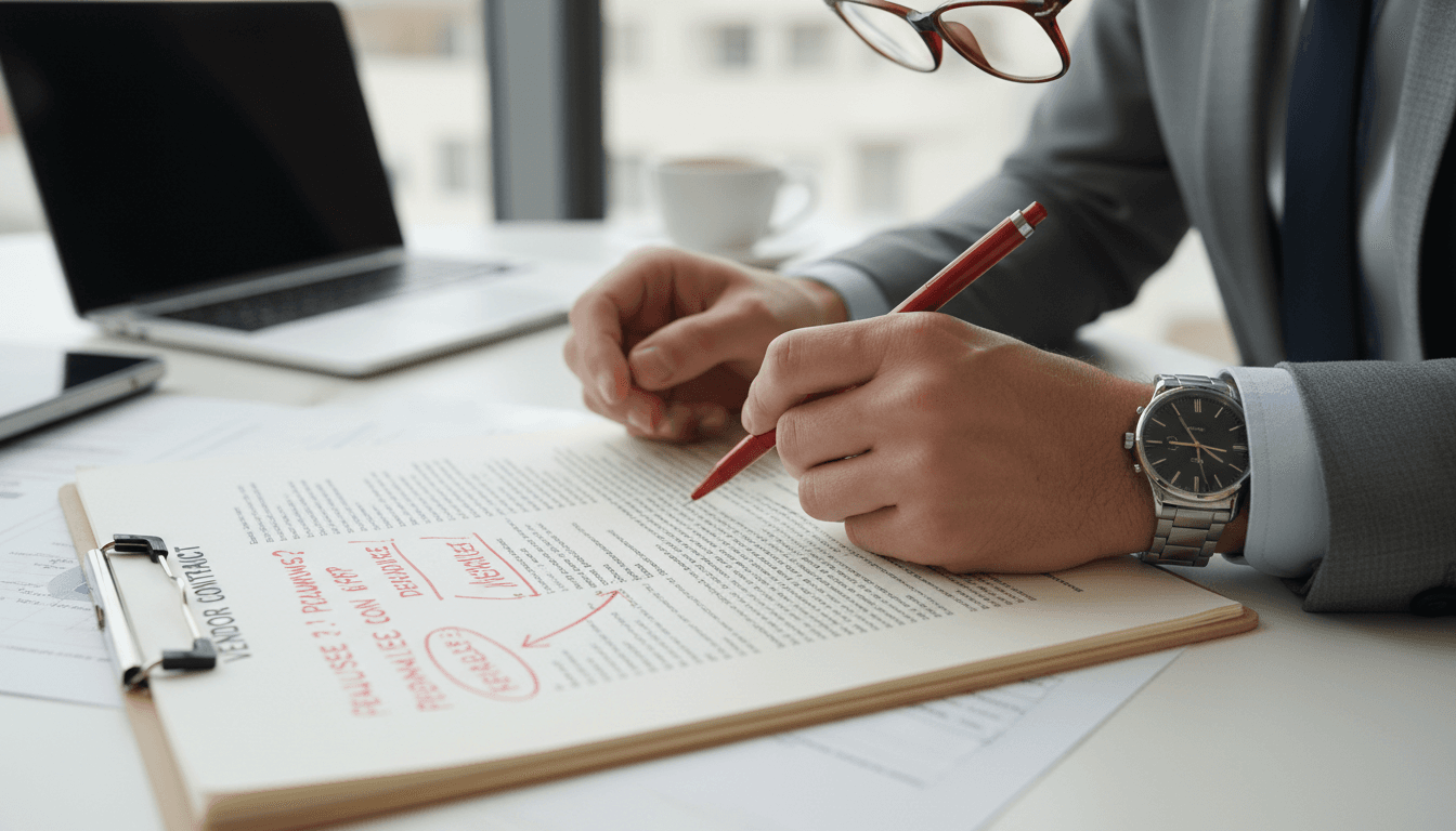 Consultant reviewing a vendor contract with handwritten notes