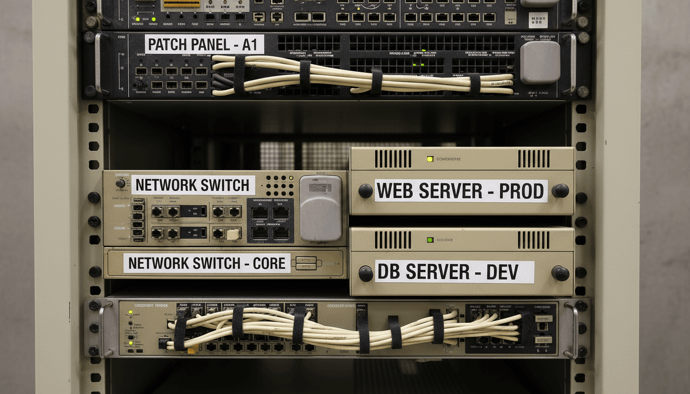 Close-up of an organized server rack with labeled hardware