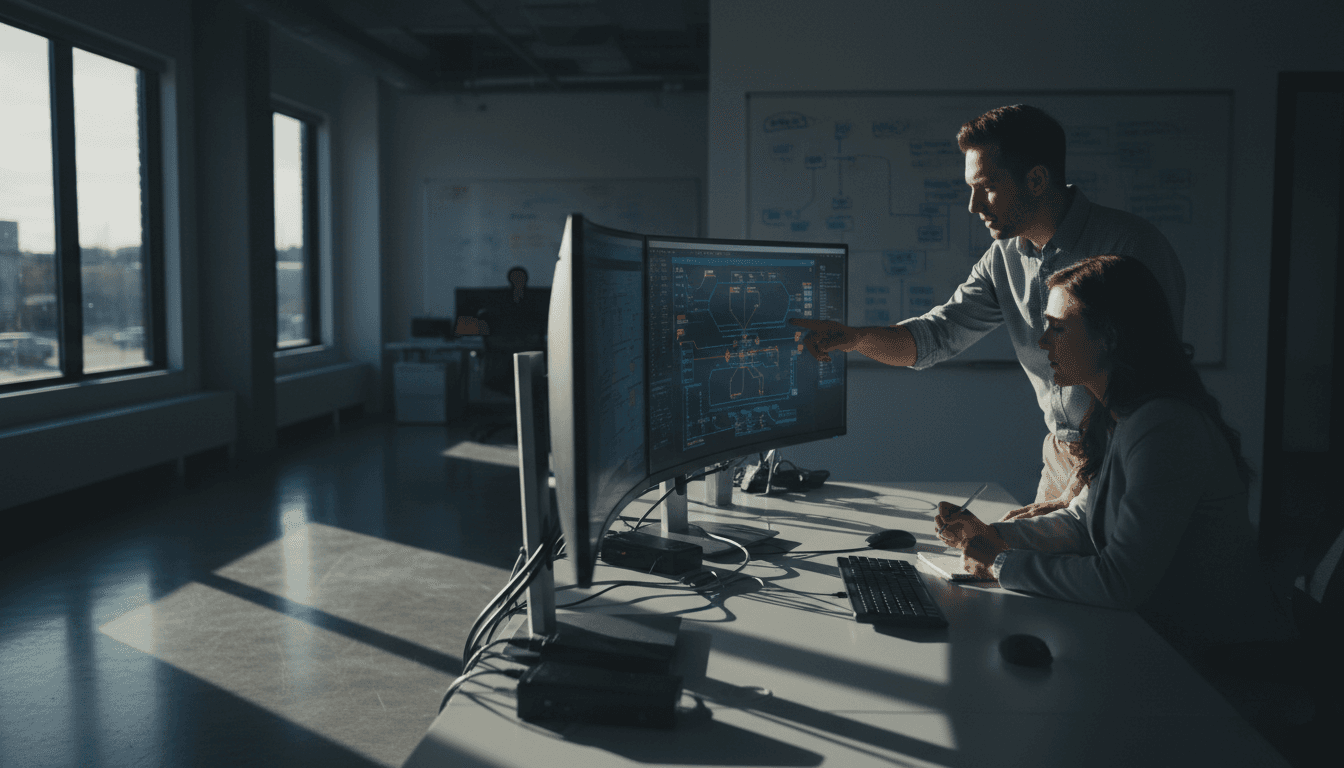 IT consultant reviewing technical diagrams on a monitor with a client in a modern office