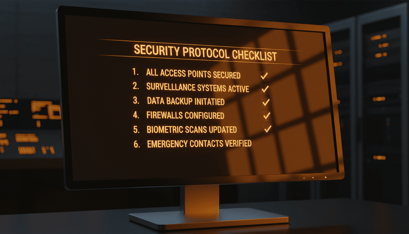 Security checklist displayed on a monitor screen