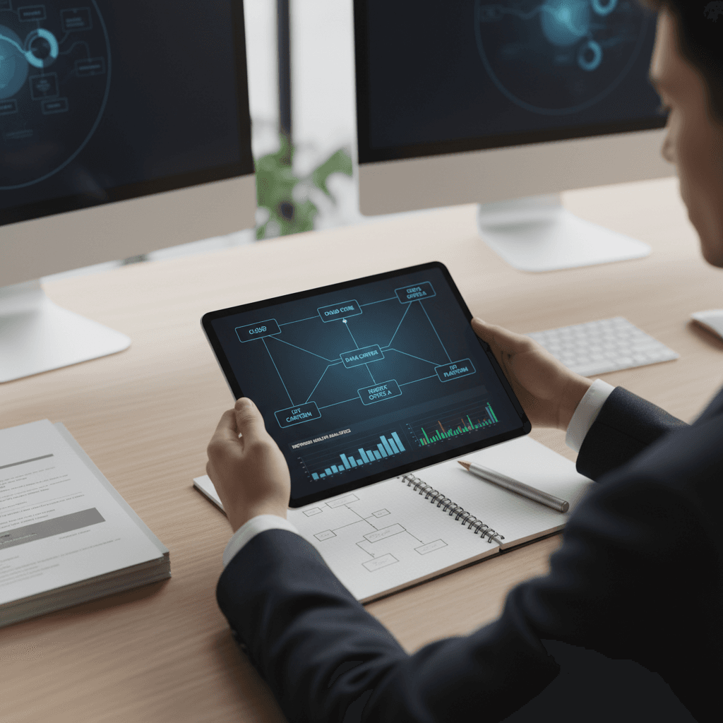 Consultant reviewing a network diagram on a tablet